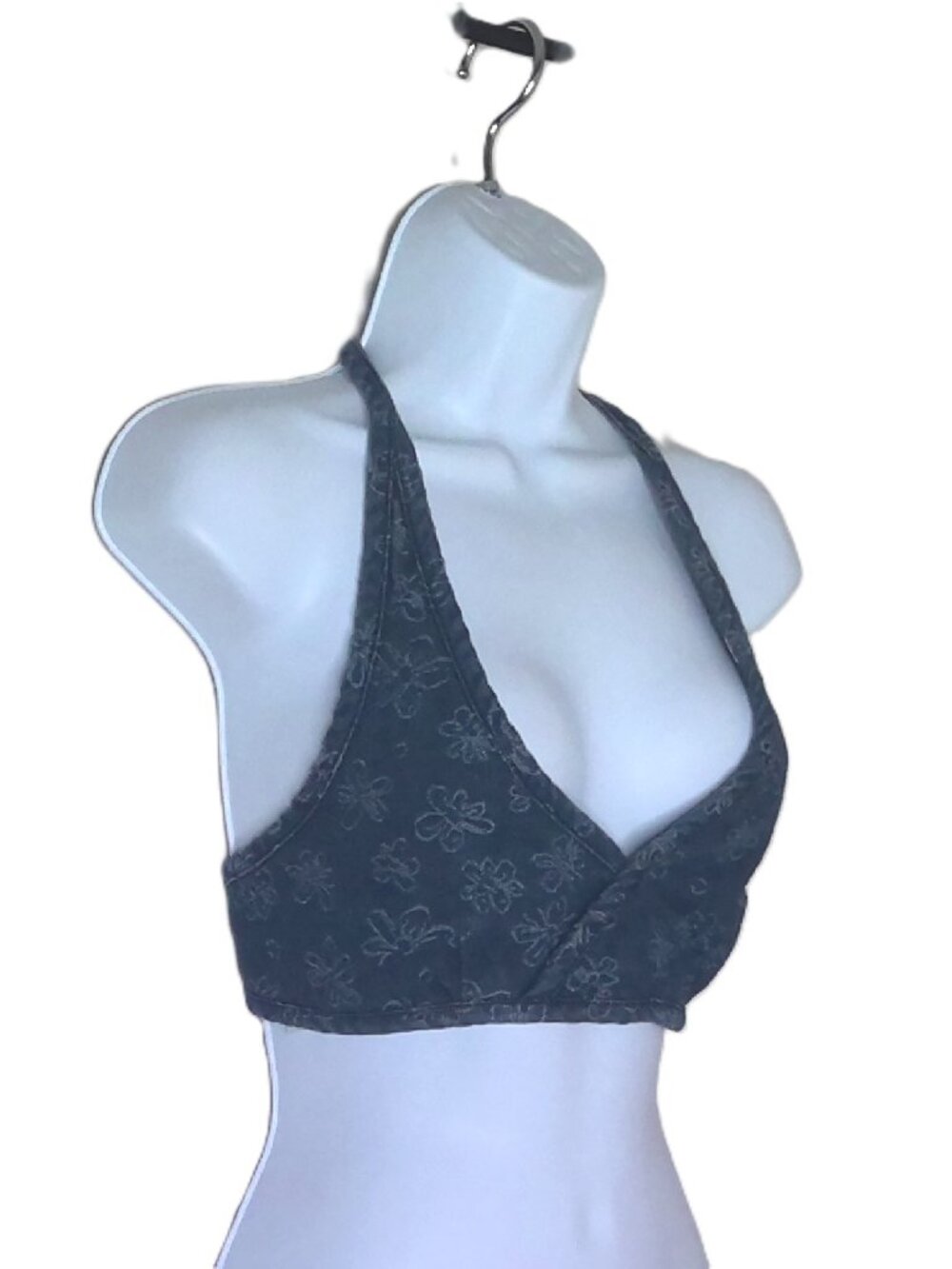 PRETTYLITTLETHING Denim Halter Top Floral Crop Tie Back Hipppie Boho Festival 4